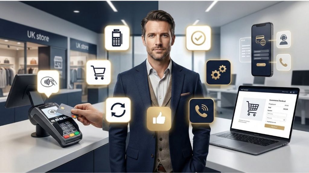 UK business owner comparing card machine ecommerce and virtual terminal payment options for the right merchant account